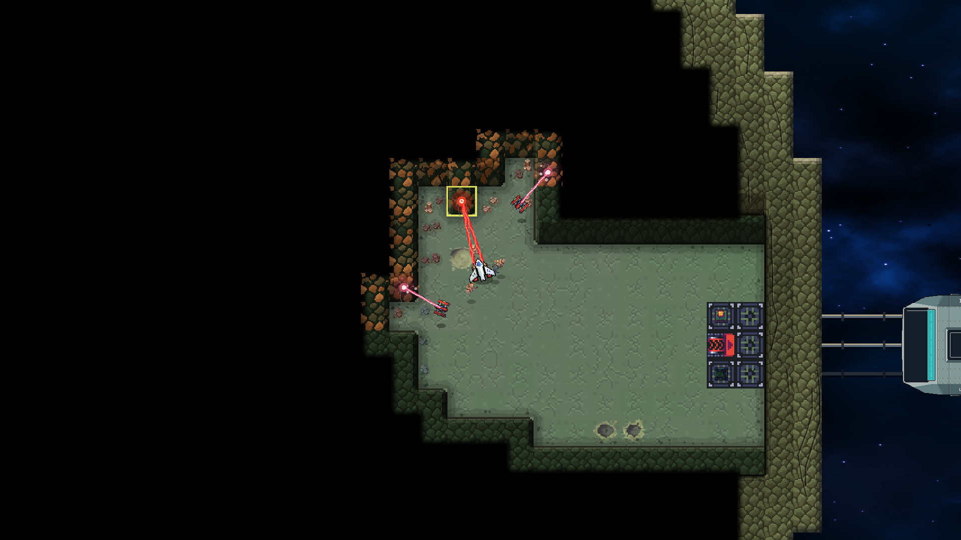 The first dig: the player ship and two miner bots cutting into a green asteroid