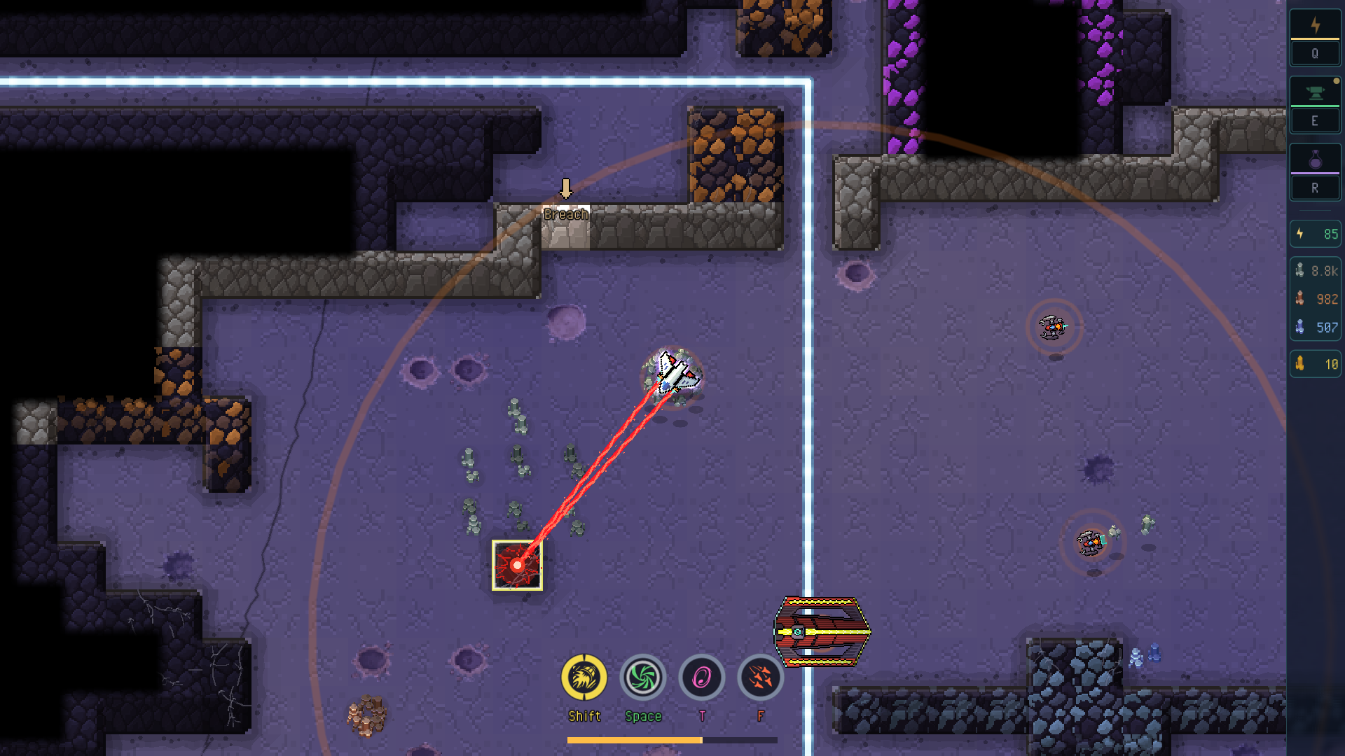 Mining a violet cave with the ability bar and a full cargo crate waiting for pickup