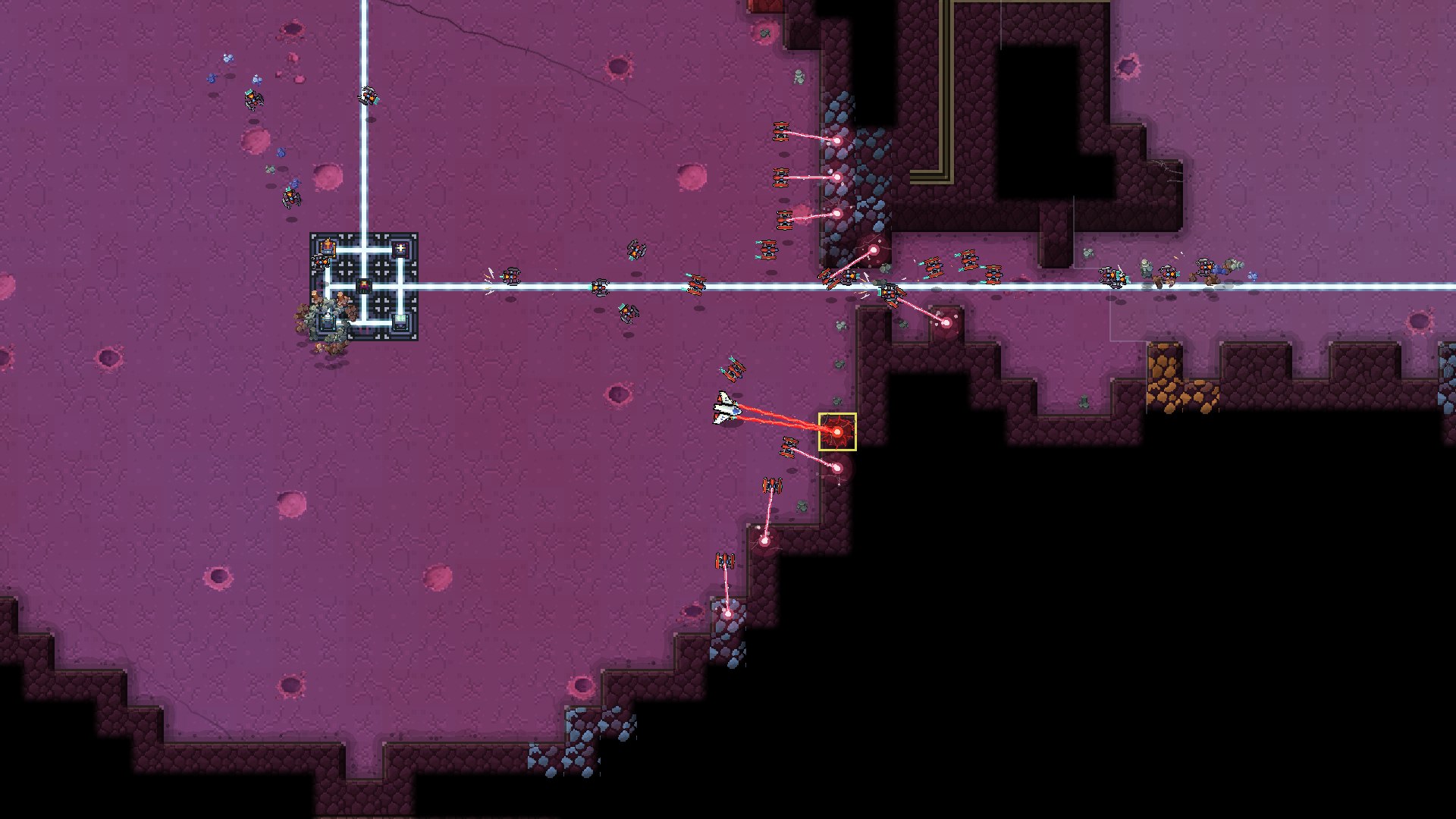 A late-game swarm of dozens of bots eating a magenta asteroid