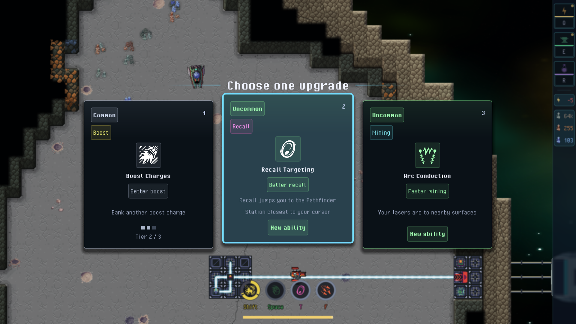 The level-up screen offering a choice of three upgrade cards