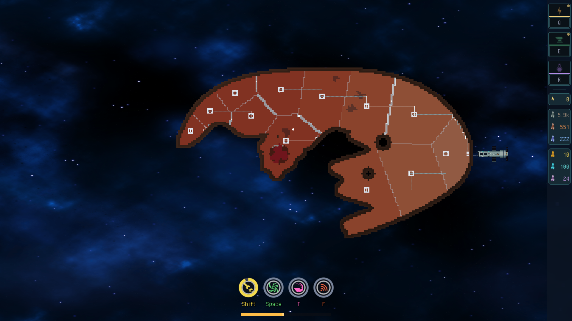 The whole asteroid zoomed out, districts mapped and linked back to the docked ship
