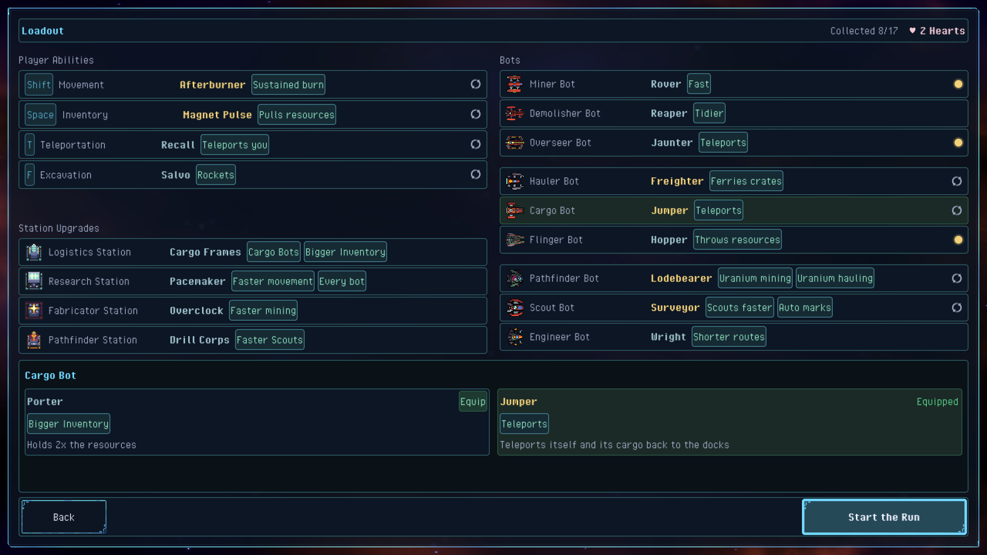 The loadout screen: player abilities, bot variants and station upgrades before a run